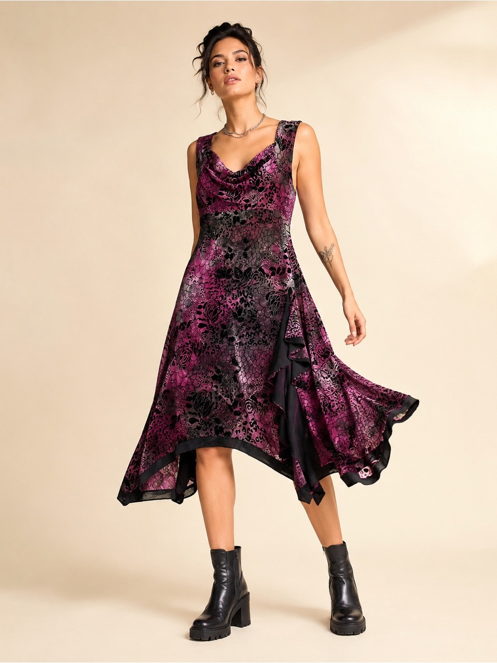 Vintage Y2K Burnout Velvet Midi Dress Whimsigoth Dark Romantic Asymmetrical Sz L